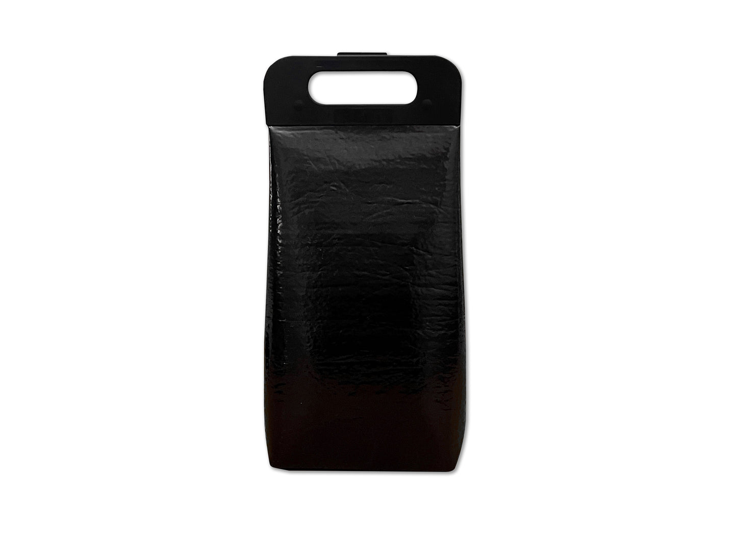 Snap top insulated beverage carrier in all black, front view