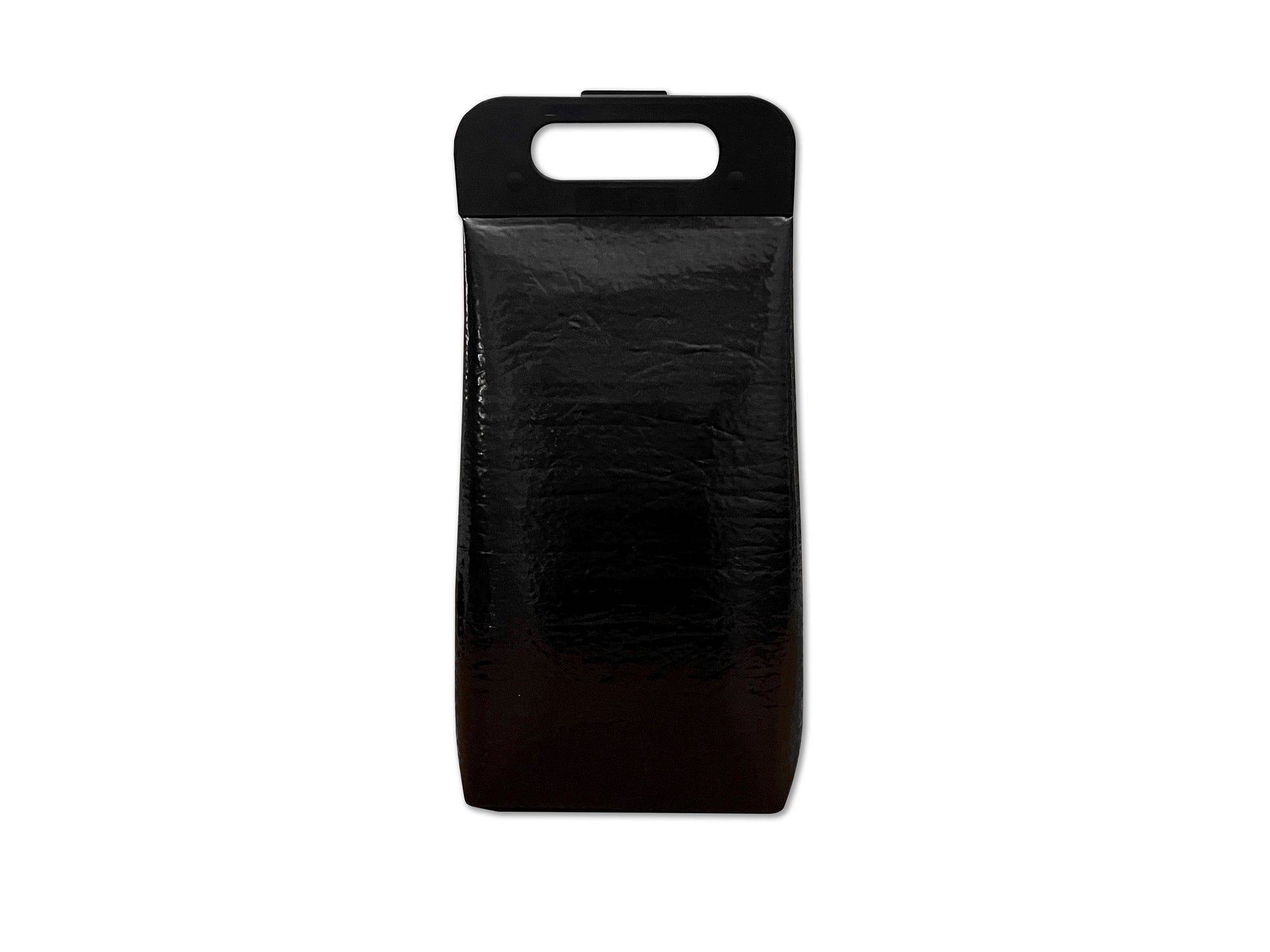Snap top insulated beverage carrier in all black, front view