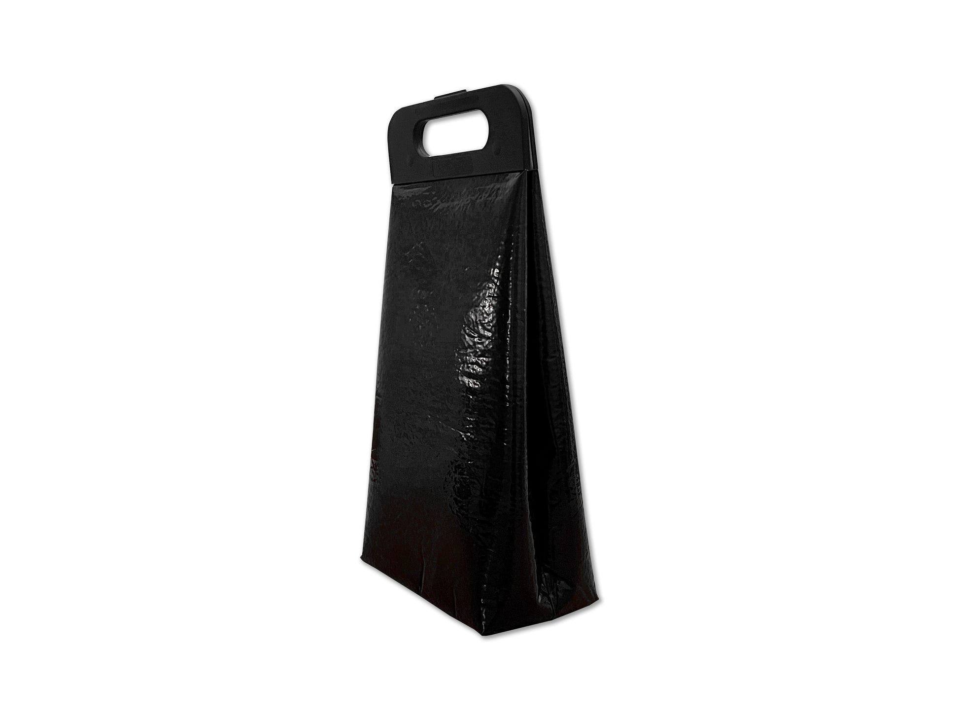 Snap top insulated beverage carrier in all black, offset side view