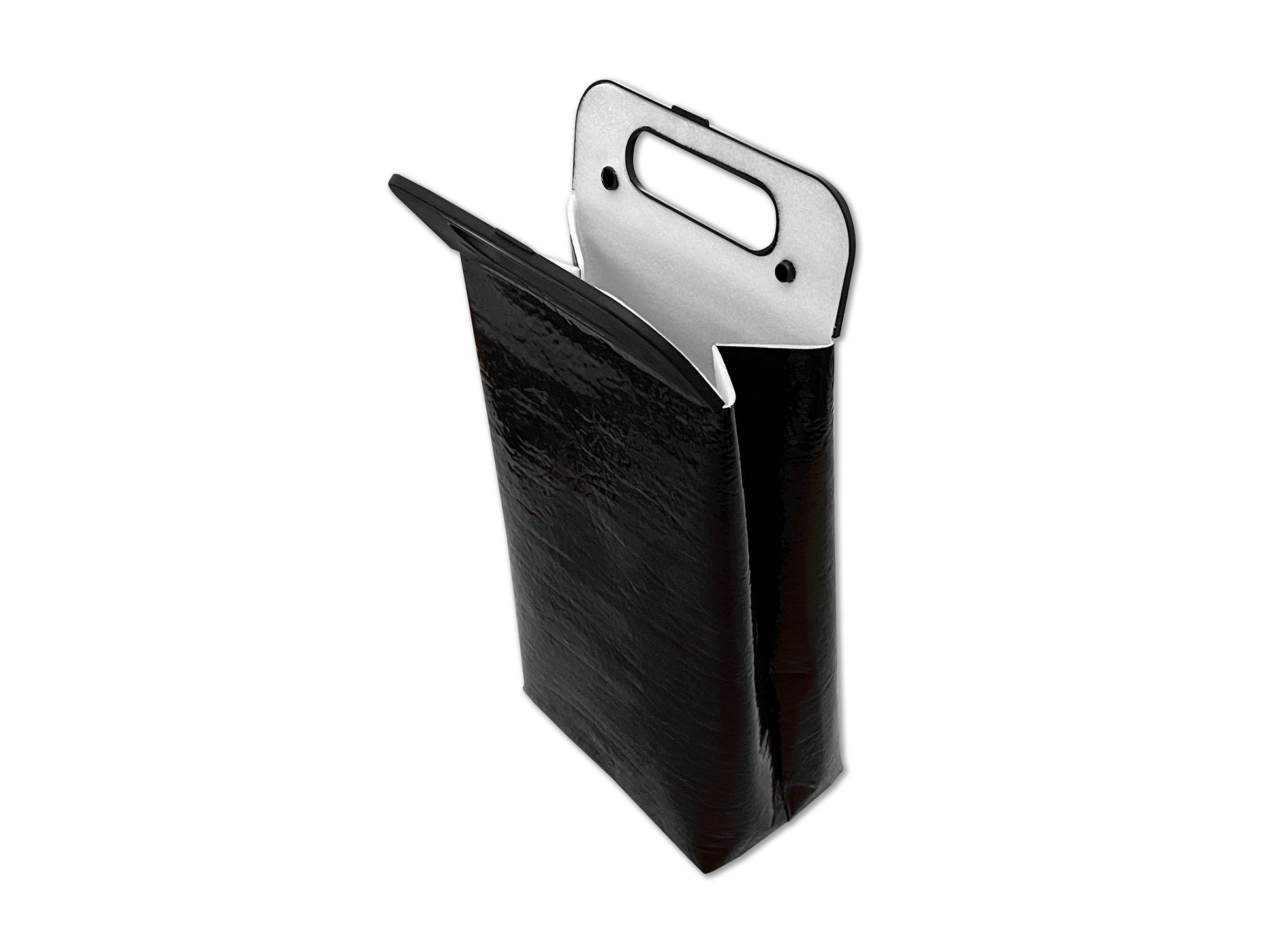 Snap top insulated beverage carrier in all black, angled down view with top open