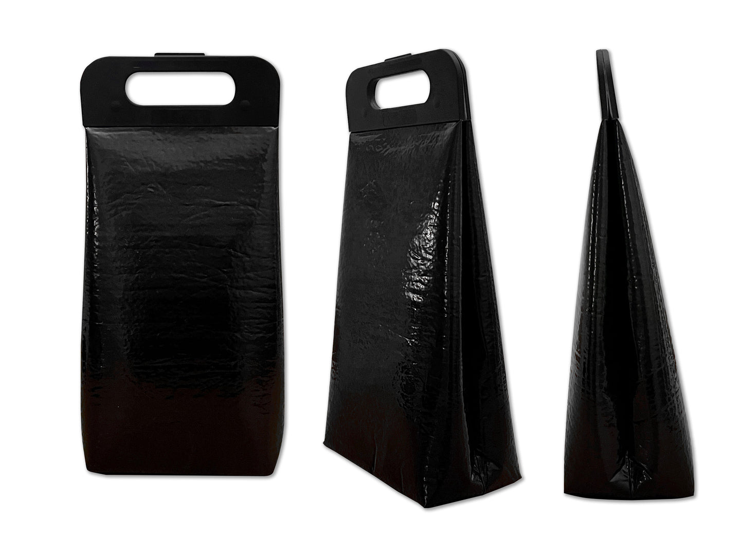 Snap top insulated beverage carrier in all black, three coolers shown, front view, side view, offset side view