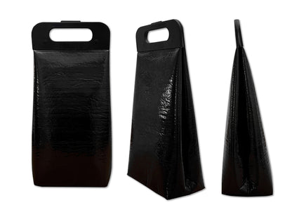 Snap top insulated beverage carrier in all black, three coolers shown, front view, side view, offset side view